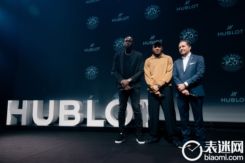 HUBLOT宇舶表首席执行官Julien Tornare与品牌大使基利安·姆巴佩（Kylian Mbappé）和尤塞恩·博尔特（Usain Bolt）于BIG BANG之夜合照.jpg