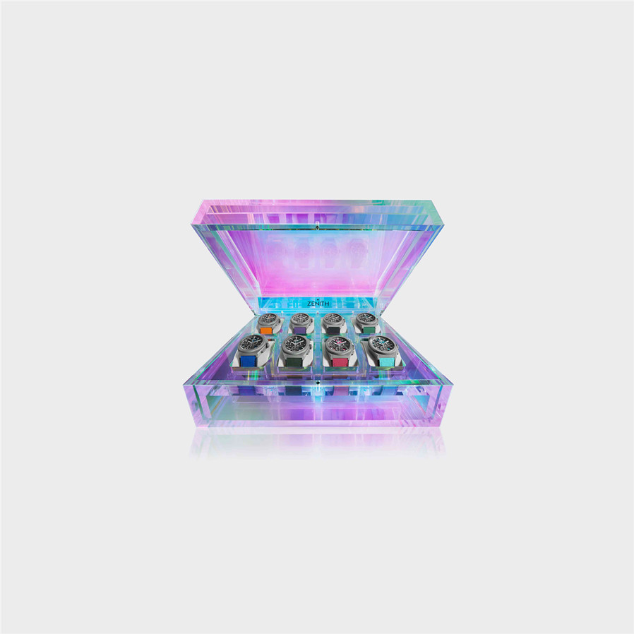 ZENITH真力时DEFY 21 Ultra Colour套装采用透明亚克力展示盒淋漓呈现如其中腕表之丰富色调与别致瞩目.jpg