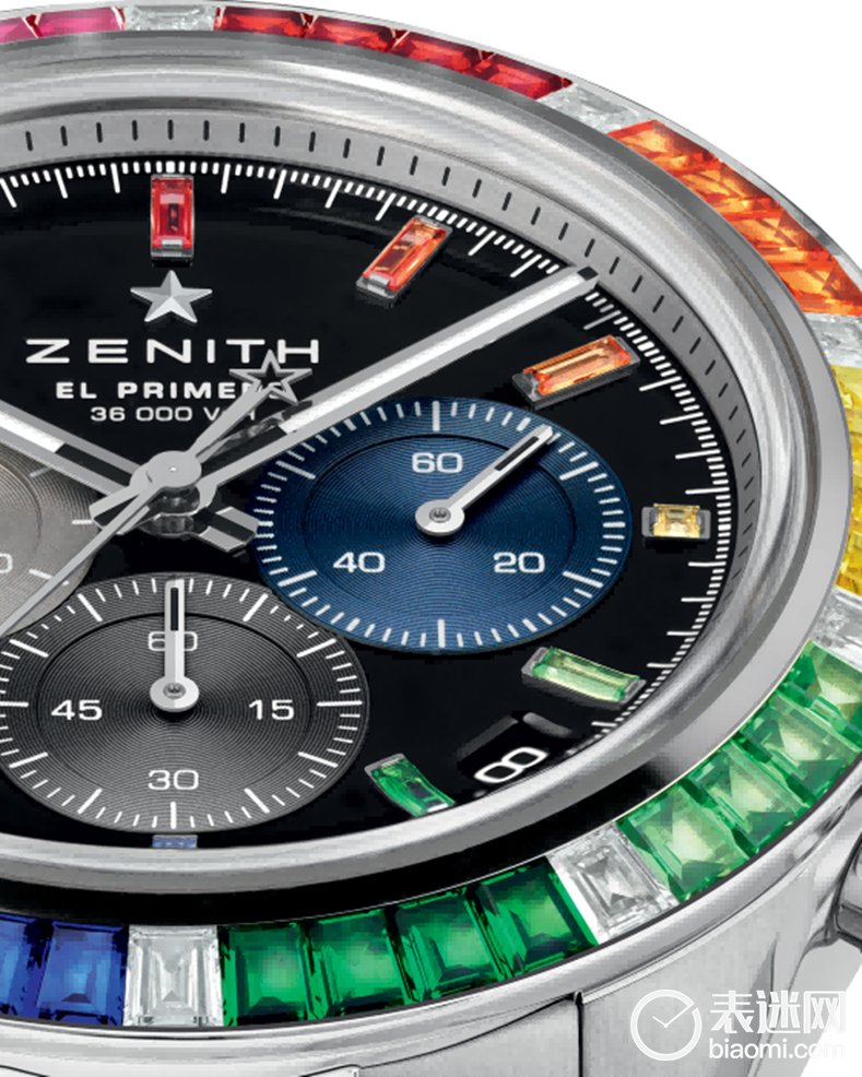 ZENITH真力时CHRONOMASTER旗舰系列彩虹运动腕表的彩虹表圈与彩色蓝宝石时标交相辉映,于深邃黑色表盘的映衬下璀璨夺目.png ZENITH真力时CHRONOMASTER旗舰系列彩虹运动腕表的彩虹表圈与彩色蓝宝石时标交相辉映,于深邃黑色表盘的映衬下璀璨夺目.png